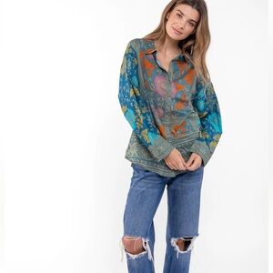 Natural Life Barcelona Cotton Button Down – Teal Botanica | XL | Boho Floral